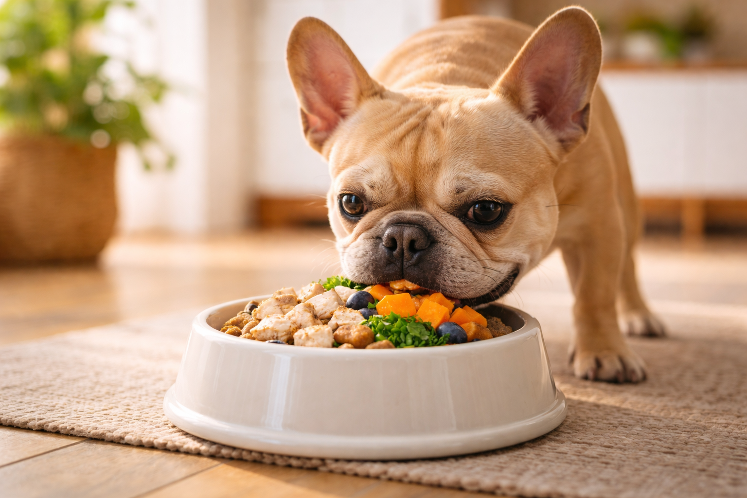 French Bulldog enjoying a fresh meal