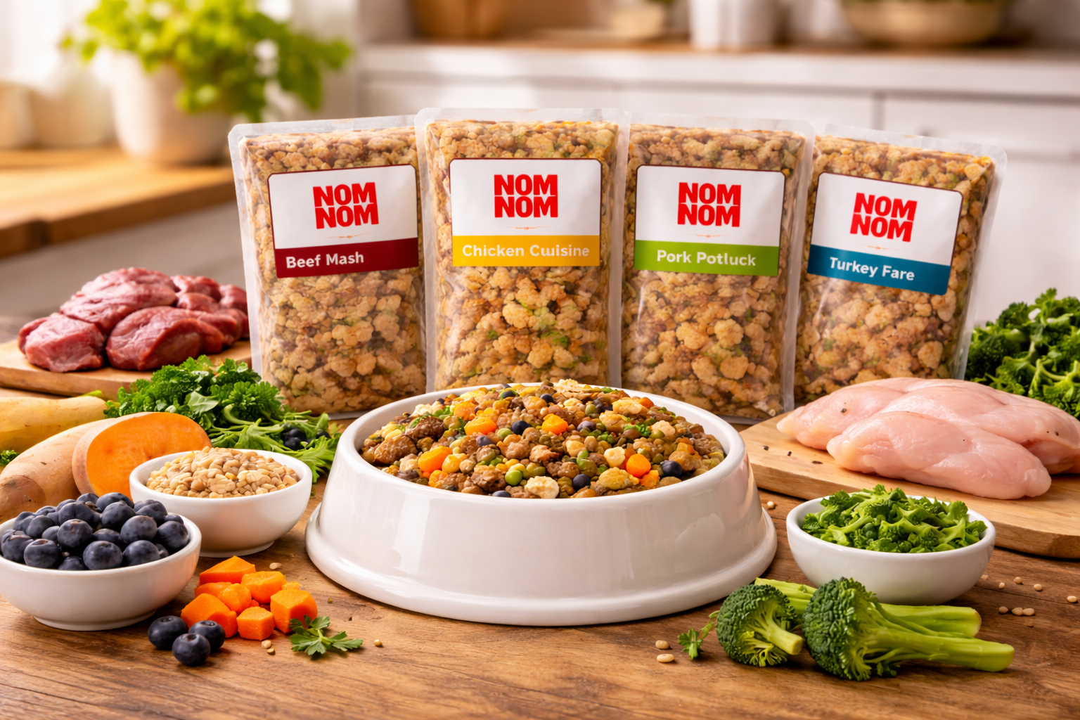 Nom Nom fresh dog food on rustic countertop