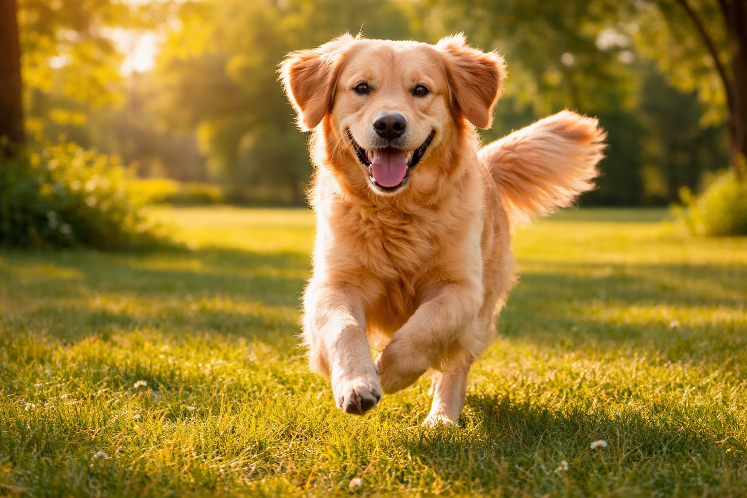 Healthy golden retriever running in a sunlit park