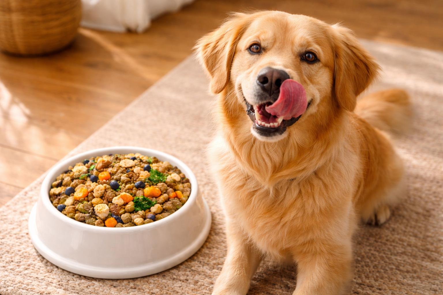 Happy retriever with fresh meal