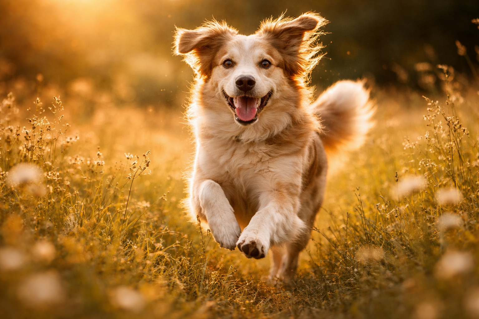 Joyful healthy dog running in a golden meadow — this is what pet insurance protects